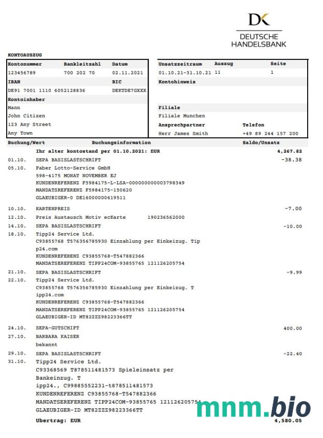 Niemcy Dekabank szablon wyciągu bankowego w programie Word i PDF